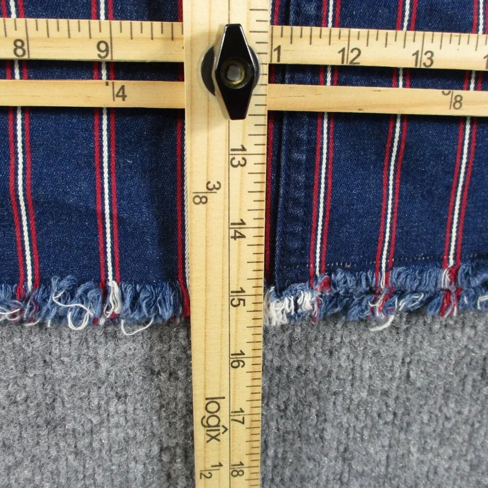 American Eagle Skirt Womens 12 Blue Red Striped Denim Jean Mini Stretch Raw Edge - Picture 12 of 13